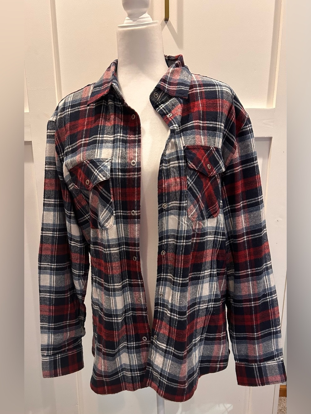 Red, Navy & White Plaid Flannel Shirt